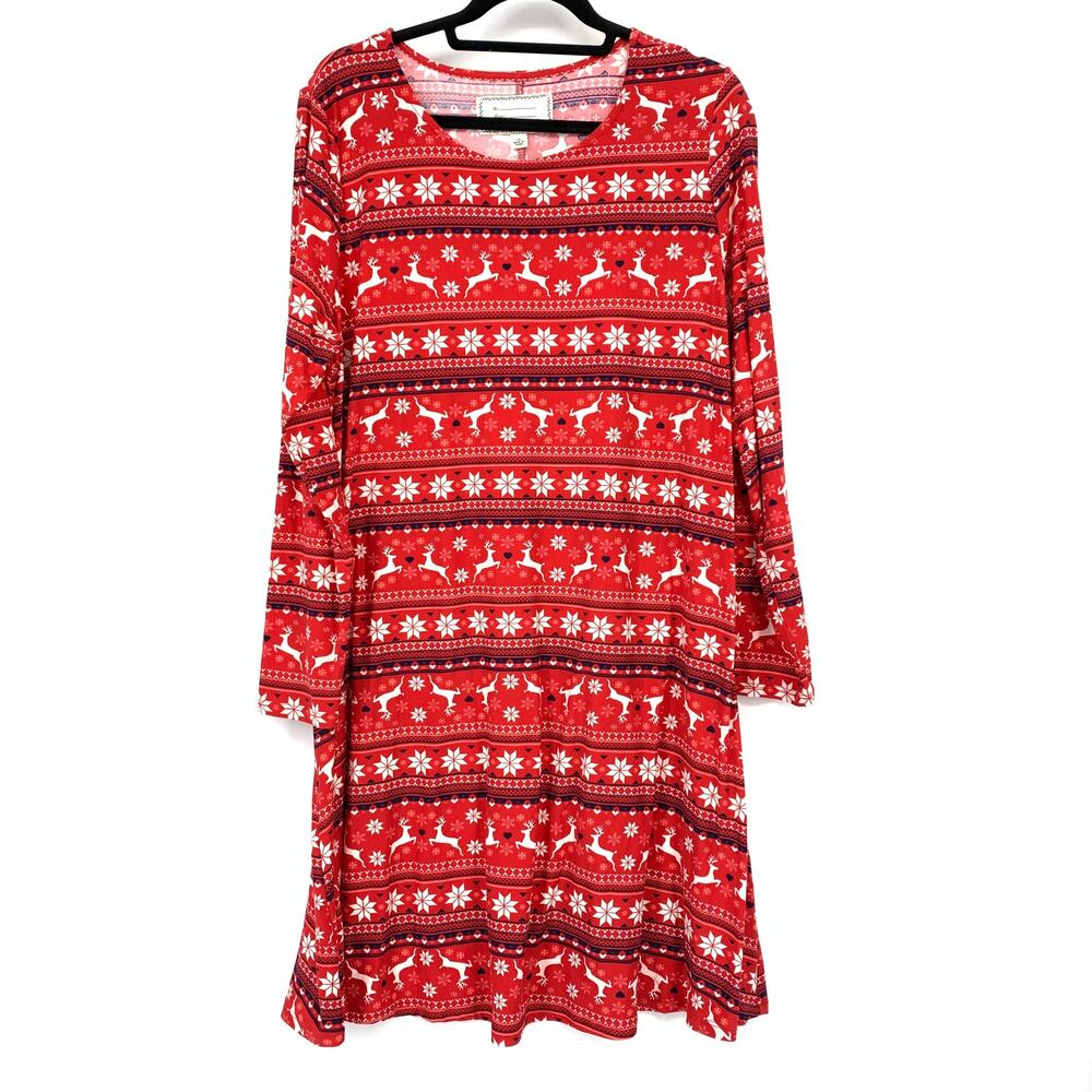 Derek Heart Sleep Dress 2X Red Christmas Fair Isle Reindeer Long Sleeve PJ